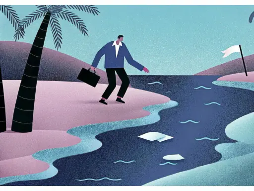 Un homme d'affaires avec une mallette hésite à traverser une rivière, symbolisant les défis de la résidence de tourisme fiscalité.
