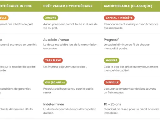 Tableau comparatif des types de prêt hypothécaire : mensualités, remboursement, coût, accessibilité seniors et durée. Un prêt hypothécaire banque est présenté.