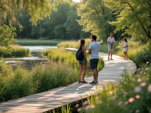 Promenade en bois dans une zone naturelle luxuriante. La jurisprudence construction en zone naturelle est respectée, permettant l'accès à ce paysage paisible.