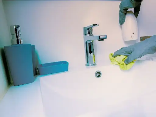 Mains de nettoyage avec un chiffon jaune, une retenue sur caution pour nettoyage. Un distributeur de savon et un robinet chromé sont visibles.