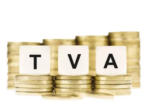 Piles de pièces d'or symbolisant la croissance, avec les lettres "TVA" sur des cubes. Idéal pour illustrer la récupération TVA LMNP.