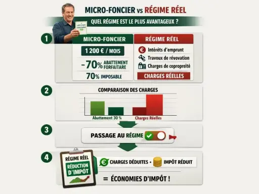 Comparaison entre micro foncier et régime réel. Le régime réel permet une réduction d'impôt grâce aux charges déduites.