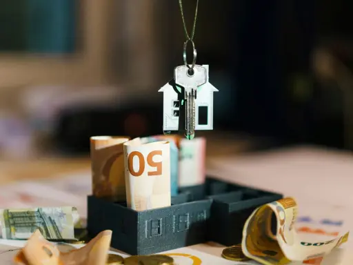 Clé d'une maison miniature suspendue au-dessus de billets d'euros roulés, symbolisant l'estimation taxe foncière.
