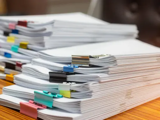 Piles de documents, certains reliés par des pinces colorées, prêts pour le service de la publicité foncière.
