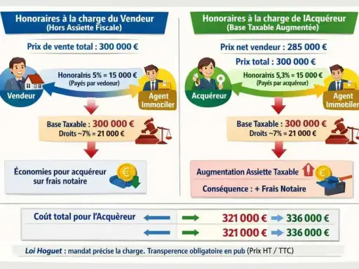 Comparaison des calculs de frais d'agence immobilière : honoraires à la charge du vendeur vs. acquéreur, impact sur le coût total.