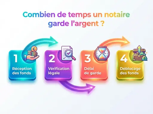 Schéma : réception fonds, vérification légale, délai de garde, déblocage fonds. Le délai paiement après signature acte de vente est illustré.