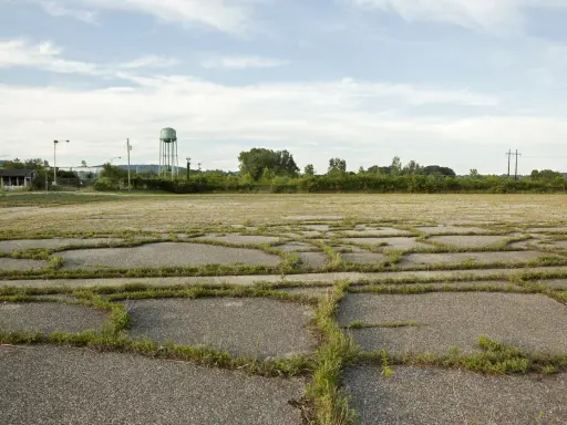 Vaste terrain vague avec des dalles de béton craquelées envahies par l'herbe. Idéal pour réfléchir à ce que peut on faire sur un terrain non constructible.