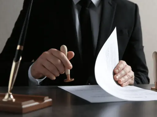 Un homme en costume appose un sceau sur un document, étape clé pour savoir comment obtenir un titre de propriété.
