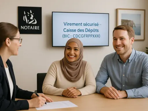 Un couple discute avec un notaire. Le notaire explique à quoi sert son rôle, notamment pour sécuriser des transactions.