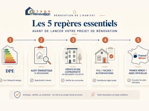 Les 5 étapes clés pour un projet de pret renovation habitat réussi : DPE, audit énergétique, vérification copropriété, PLU/façade, et aides France Rénov'.