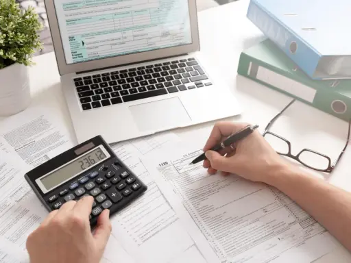 Calculatrice, ordinateur et formulaires fiscaux. On y voit des calculs pour déterminer quels sont les intérêts d'emprunt déductibles.