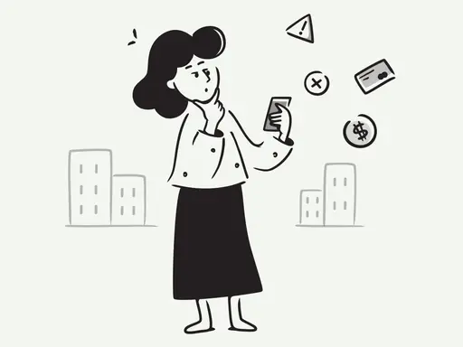 Femme perplexe devant son téléphone, entourée d'icônes : argent, carte, croix, alerte. Elle semble gérer une assignation au tribunal pour loyers impayés.