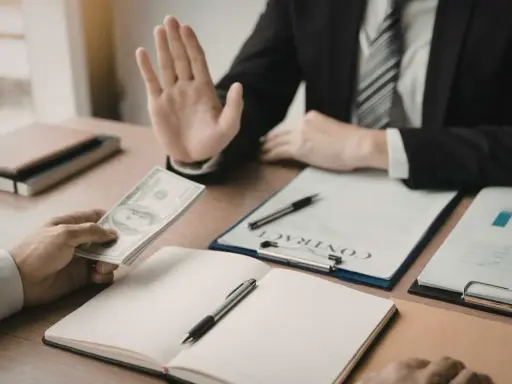 Un homme en costume refuse de l'argent, peut-être pour éviter des refus de banque pour annuler un compromis.