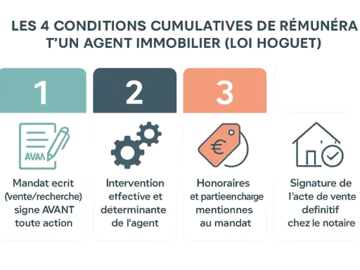 Résumé loi Hoguet : 4 conditions pour la rémunération d'un agent : mandat écrit, intervention déterminante, honoraires mentionnés, acte de vente signé.