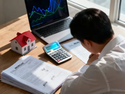 Un homme examine des documents de contrat de prêt immobilier, une calculatrice et un modèle de maison sur son bureau.