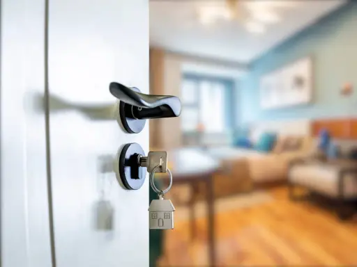 Clé sur la serrure d'une porte ouverte sur un salon. Le locataire peut exercer son droit de préemption si le prix baisse.