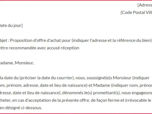 Exemple d'offre d'achat immobilier. Ce document officiel détaille une proposition ferme et irrévocable pour l'acquisition d'un bien.