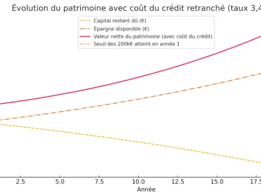 Graphique montrant l'évolution du patrimoine net, de l'épargne et du capital restant dû sur 20 ans. La capacité d'emprunt avec apport est illustrée par la valeur nette du patrimoine.