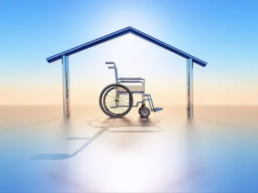 Fauteuil roulant sous un toit stylisé, symbolisant le logement PMR en location.
