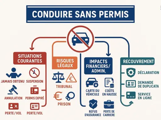 Infographie sur les risques de conduire sans permis : situations courantes, risques légaux, impacts financiers et recouvrement. Pas de permis, pas de préau !