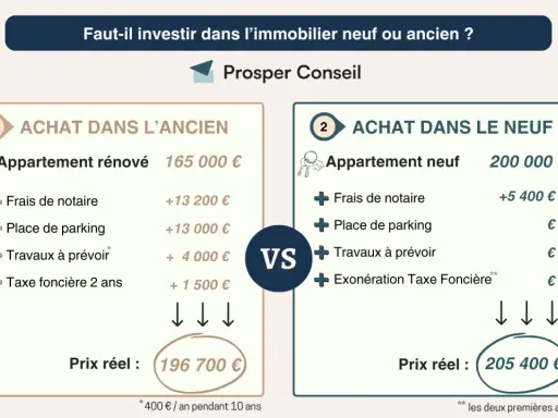Comparaison des frais de mutation immobilier : ancien vs neuf. L'ancien coûte 196 700€, le neuf 205 400€.