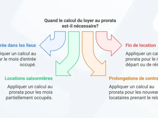 Schéma expliquant quand faire un calcul au prorata du loyer : entrée, fin de location, locations saisonnières, prolongations de contrat.
