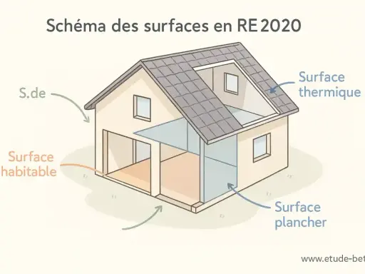 Schéma RE 2020 : la surface habitable d'une maison est délimitée.