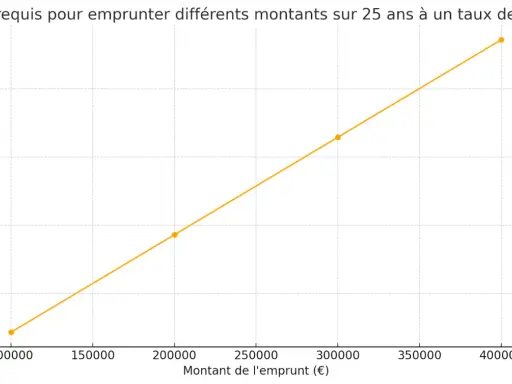 Graphique montrant le salaire requis pour emprunter différents montants sur 25 ans à un taux de 3,50 %. Le taux BCE immobilier influence directement le salaire nécessaire.
