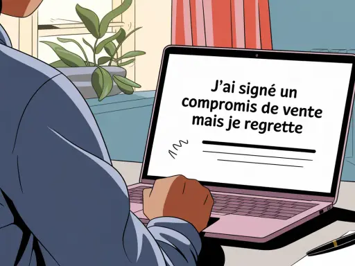 Un homme regarde son ordinateur portable affichant "J'ai signé un compromis de vente mais je regrette". Il semble avoir des remords.