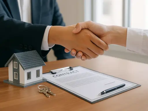 Poignée de main sur un contrat, avec une maquette de maison et des clés. Accord pour louer sa résidence principale.