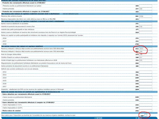 Revenus mobiliers avec CSG déductible (2CG 3955) et autres produits (2BH 100). Case 20P à cocher pour option fiscale.