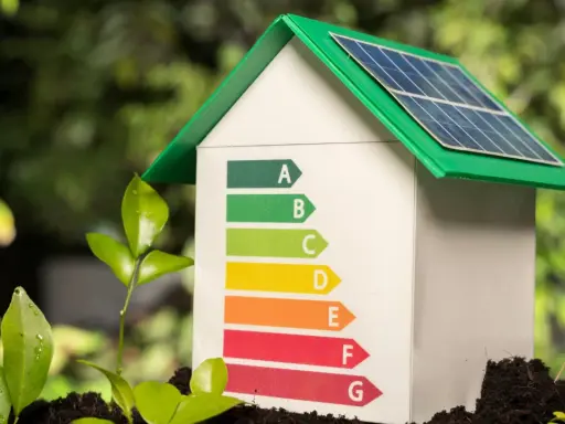 Maisonnette avec panneaux solaires et étiquette énergie. Idéal pour un DPE location saisonnière, symbolisant l'écologie et la performance.