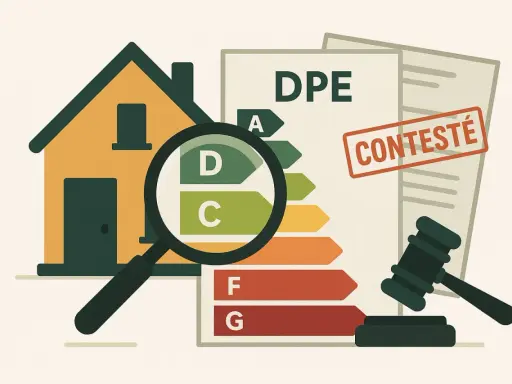 Maison sous loupe, DPE contesté par le bailleur. Un marteau de juge symbolise le litige.