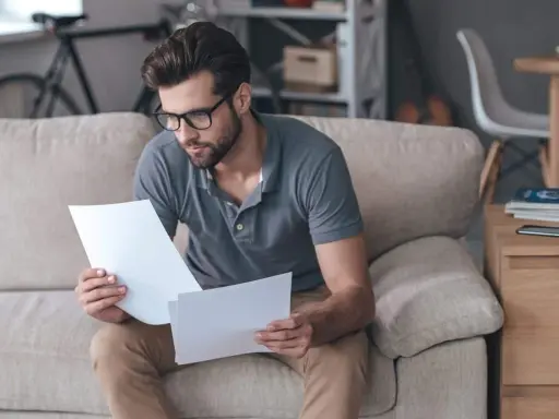 Homme concentré sur des documents, peut-être pour un crédit immobilier interimaire, assis sur un canapé.