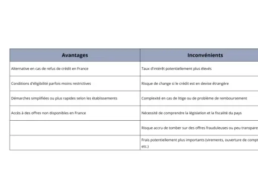 Tableau comparant avantages et inconvénients d'un prêt. On y voit des points comme "Alternative en cas de refus de crédit" et "Taux d'intérêt potentiellement plus élevés". Le prêt n'a pas d'inconvénient majeur.