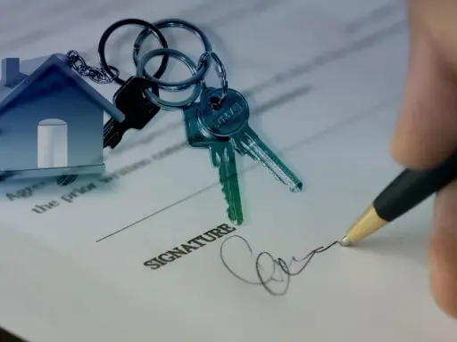 Clés d'une maison sur un contrat, symbolisant un prêt consommation pour achat immobilier. Signature apposée.