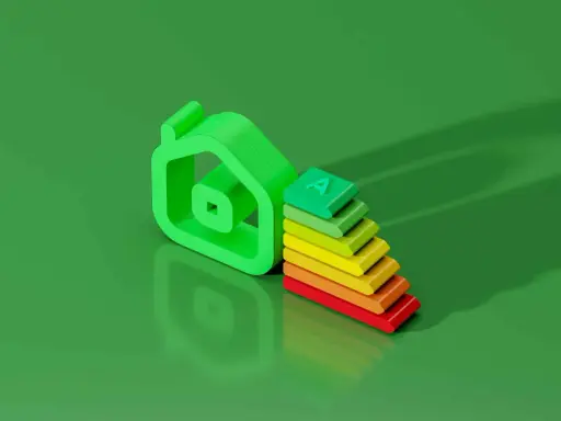 Icône de maison verte à côté d'une échelle d'efficacité énergétique. L'augmentation de loyer sans DPE est une préoccupation.