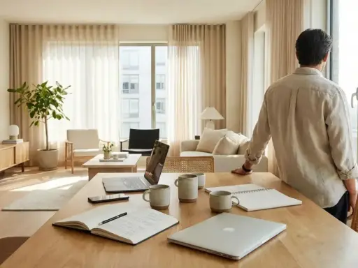 Un homme regarde par la fenêtre d'un appartement lumineux. Sur la table, des ordinateurs portables et des carnets suggèrent la signature d'un pap contrat de location meublé.