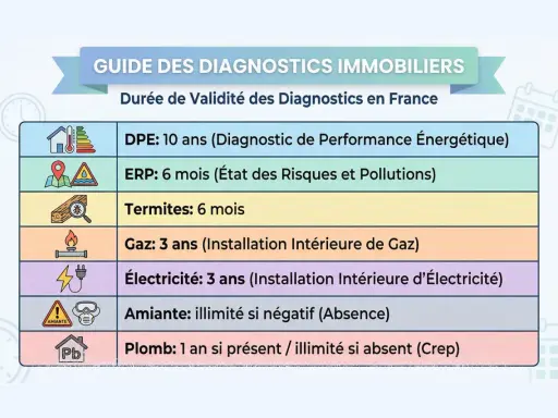 Guide des diagnostics immobiliers : durée de validité des DPE, ERP, termites, gaz, électricité, amiante et plomb. Un diagnostic immobilier offert par agence.