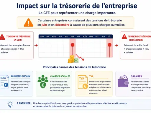 La CFE et les charges sociales pèsent sur la trésorerie en juin et décembre. L'image montre les causes des tensions : acomptes fiscaux, cotisations sociales, TVA et salaires.