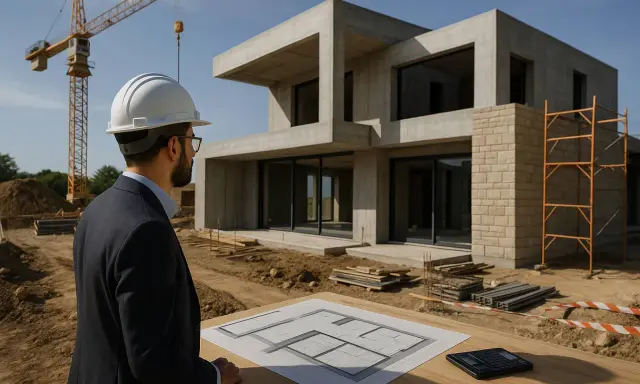 Un maître d'œuvre supervise la construction d'une maison moderne en béton, avec un plan sur la table.