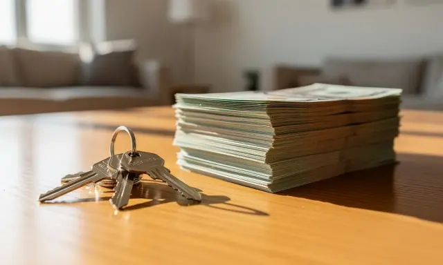 Un trousseau de clés et une pile de billets de banque, symbolisant le **chèque de caution** pour un nouveau logement.