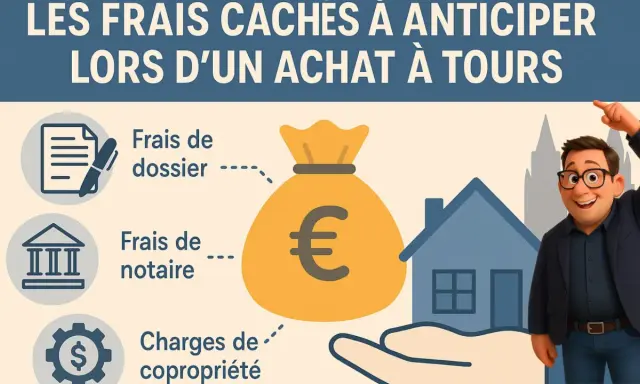 Illustration sur les frais cachés d'un achat immobilier à Tours : frais de dossier, notaire, et charges de copropriété. Un homme joyeux pointe vers une maison.