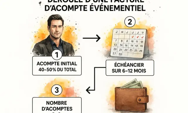 Schéma d'une facture avec un acompte initial de 40-50%, un échéancier sur 6-12 mois et 2-3 acomptes.