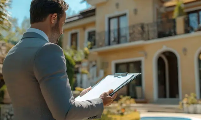 Agent immobilier évaluant la valeur locative d'un bien. Il tient un dossier devant une villa jaune.