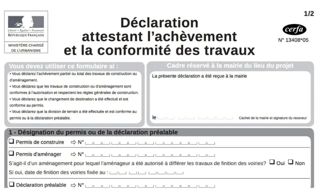 Formulaire Cerfa pour une déclaration attestant l'achèvement et la conformité des travaux d'une maison.