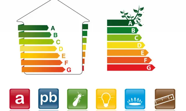 Étiquettes énergie pour diagnostics obligatoires vente. Icônes : 'a', plomb, termite, ampoule, gaz, mètre.