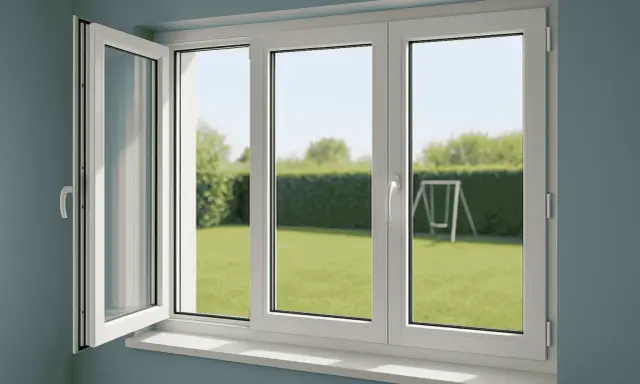 Fenêtre PVC blanche ouverte sur un jardin verdoyant. Une obligation propriétaire changer fenêtres pour plus de confort et d'isolation.