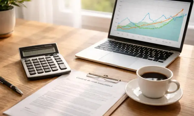 Bureau avec calculatrice, contrat, tasse de café et ordinateur affichant des graphiques. Idéal pour planifier comment emprunter 120 000 euros sur 20 ans.