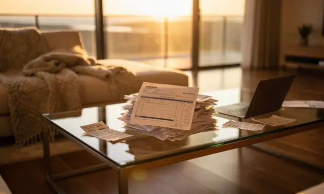 Pile de factures sur une table basse en verre, devant un canapé et de grandes fenêtres baignées de soleil. La scène évoque une résidence principale non habitée, peut-être en attente de gestion.